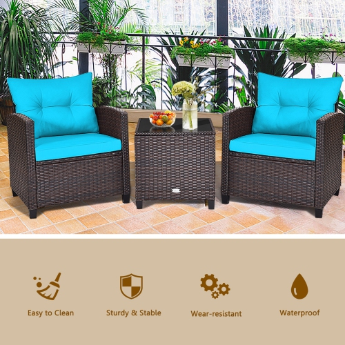 Gymax 3PCS Outdoor Patio Rattan Conversation Set w/ Coffee Table Turquoise Cushion