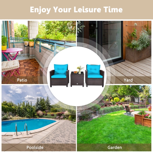 Gymax 3PCS Outdoor Patio Rattan Conversation Set w/ Coffee Table Turquoise Cushion