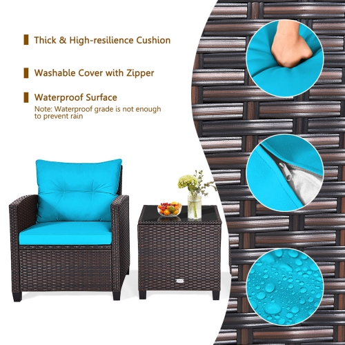 Gymax 3PCS Outdoor Patio Rattan Conversation Set w/ Coffee Table Turquoise Cushion