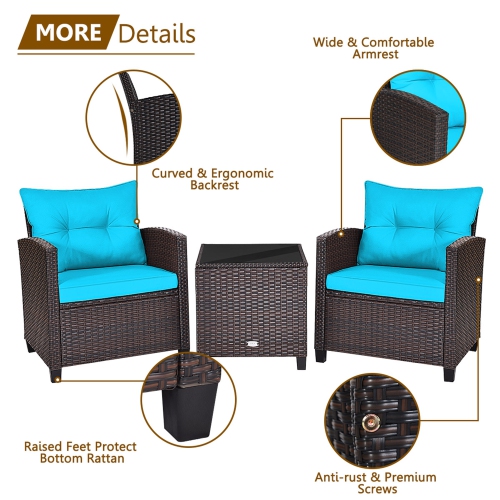 Gymax 3PCS Outdoor Patio Rattan Conversation Set w/ Coffee Table Turquoise Cushion