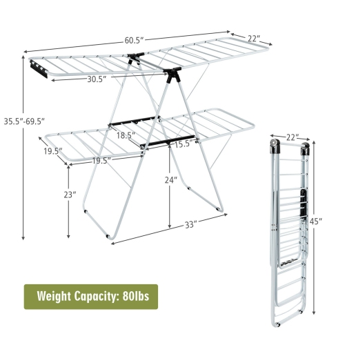 Gymax 2-Level Clothes Drying Rack Foldable Airer w/ Height-Adjustable Gullwing