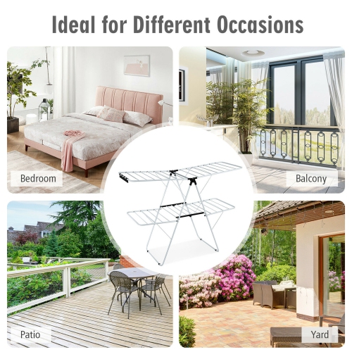 Gymax 2-Level Clothes Drying Rack Foldable Airer w/ Height-Adjustable Gullwing