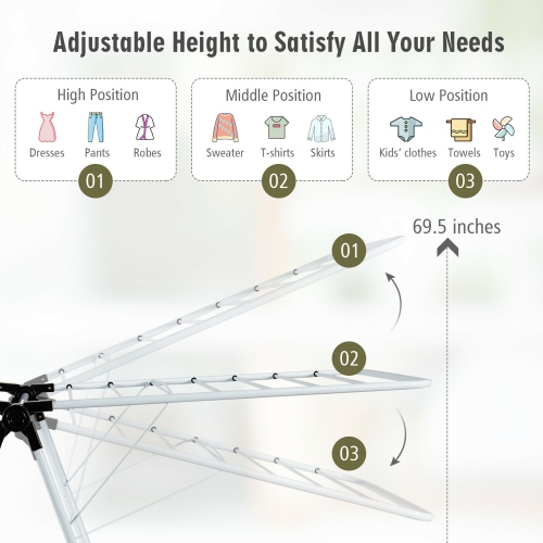 Gymax 2-Level Clothes Drying Rack Foldable Airer w/ Height-Adjustable Gullwing