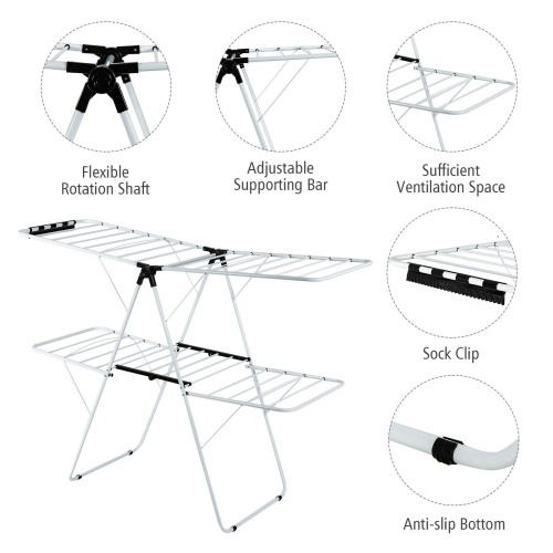 Gymax 2-Level Clothes Drying Rack Foldable Airer w/ Height-Adjustable Gullwing