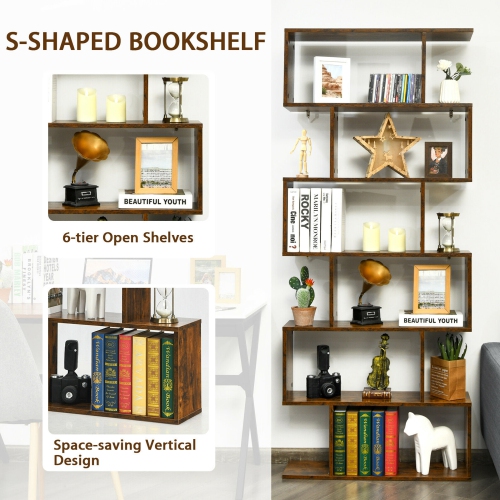 Gymax 6 Tier S-Shaped Bookshelf Storage Display Bookcase Decor Z-Shelf