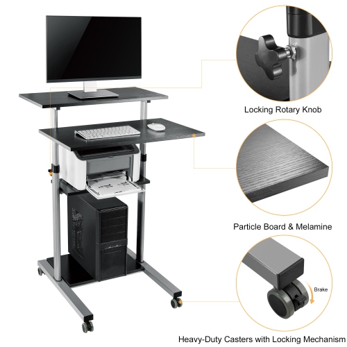 27.6" Mobile Task Standing Desk Computer Workstation Rolling Presentation Cart Height Adjustable Sit-Stand Table Stand Up Desk