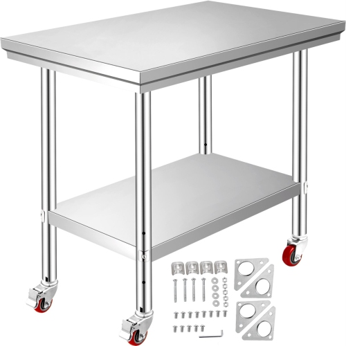VEVOR  Rolling Top Kitchen Work Table Cart + Casters Shelving 36"x24" Stainless Steel