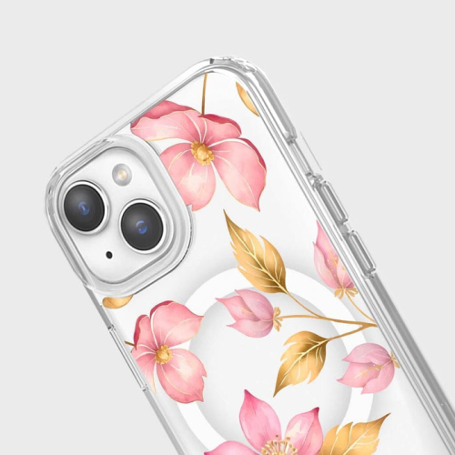 Étui transparent fleurs sauvages rose avec MagSafe pour iPhone 16e