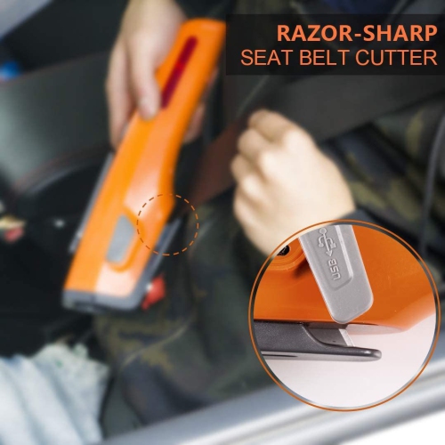 8-in-1 Car Safety Tool Includes Window Breaker Seat Belt Cutter LED Flashlight Rescue Tool Contains USB Charger SOS Light & Hand Cranking Charge for