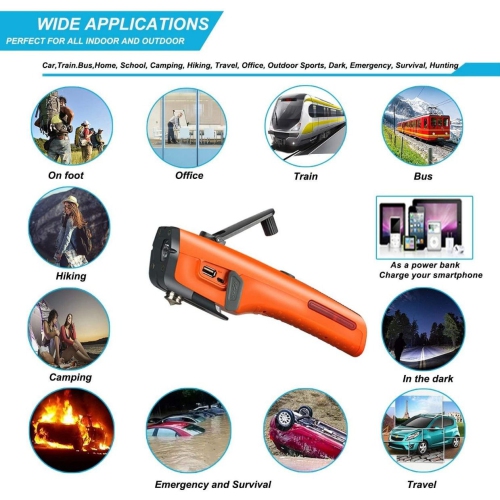 8-in-1 Car Safety Tool Includes Window Breaker Seat Belt Cutter LED Flashlight Rescue Tool Contains USB Charger SOS Light & Hand Cranking Charge for