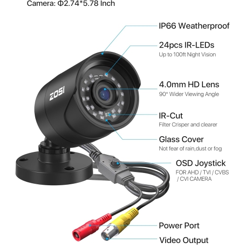 ZOSSI – Trousse de surveillance supplémentaire avec fil pour 1080P/5&nbsp;Mpx/4K HD-TVI avec caméra de sécurité pour la maison, vision nocturne