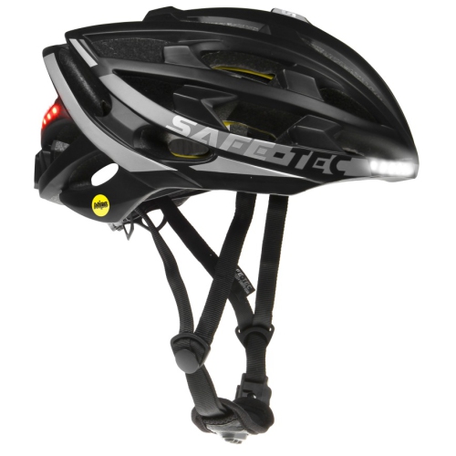 Safe-Tec Smart Bicycle Helmet: Sensor Controlled Brake Light Function, Head Lights, Turn Signals w/MIPS Impact Protection - Black/Grey Medium