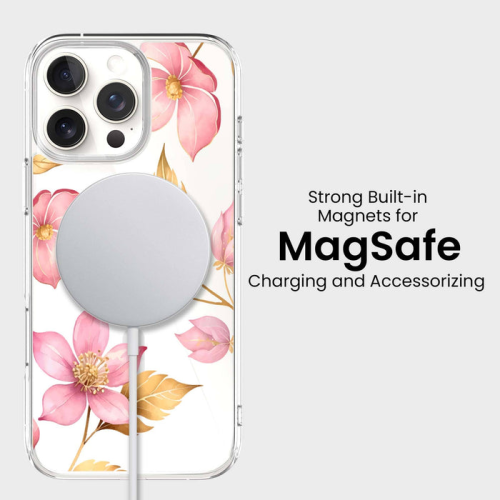 Étui transparent avec MagSafe pour iPhone 16 Pro Max, fleur sauvage rose