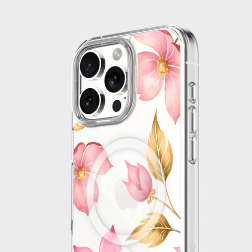 Étui transparent avec MagSafe pour iPhone 16 Pro Max, fleur sauvage rose