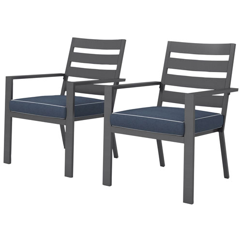 Chaise de salle à manger d'extérieur en aluminium au fini pulvérisé Portofino - Ensemble de 2 - Cadres gris/Coussins bleu pierre