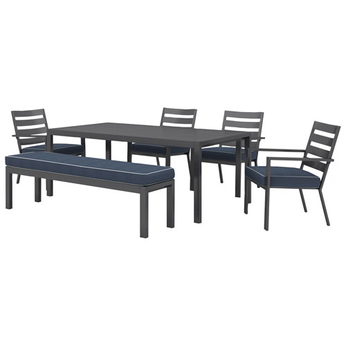 Portofino Powder Coated Aluminum Patio Bench - Grey Frames / Stone Blue Cushions