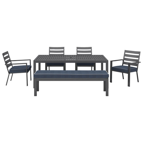 Portofino Powder Coated Aluminum Patio Bench - Grey Frames / Stone Blue Cushions