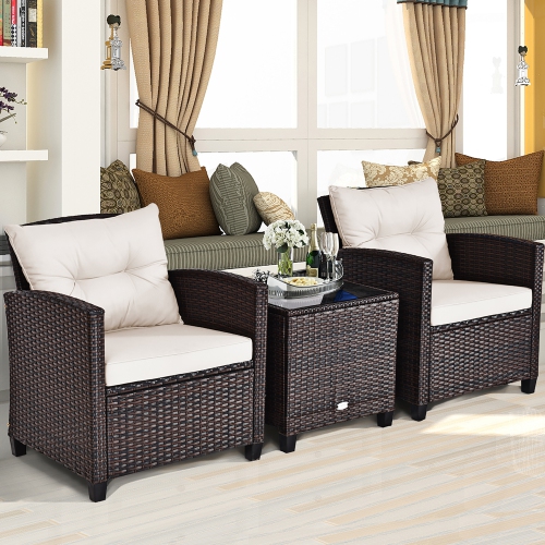 Costway 3PCS Patio Rattan Furniture Set Cushioned Conversation Set Sofa