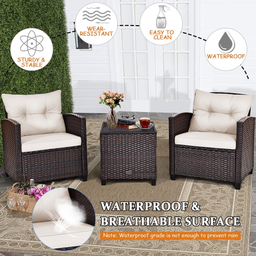 Costway 3PCS Patio Rattan Furniture Set Cushioned Conversation Set Sofa