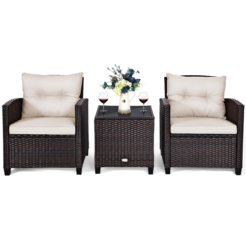 Costway 3PCS Patio Rattan Furniture Set Cushioned Conversation Set Sofa
