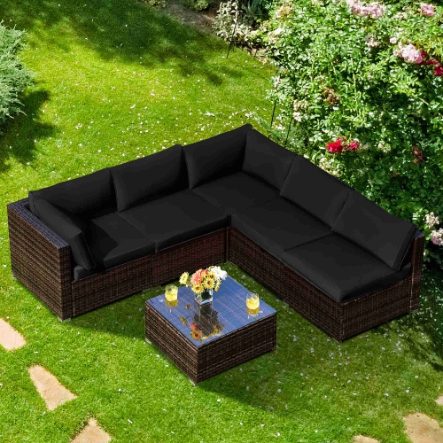 Image 1 of 10.. Costway 6PCS Patio Rattan Furniture Set Cushioned Sofa Coffee Table Garden