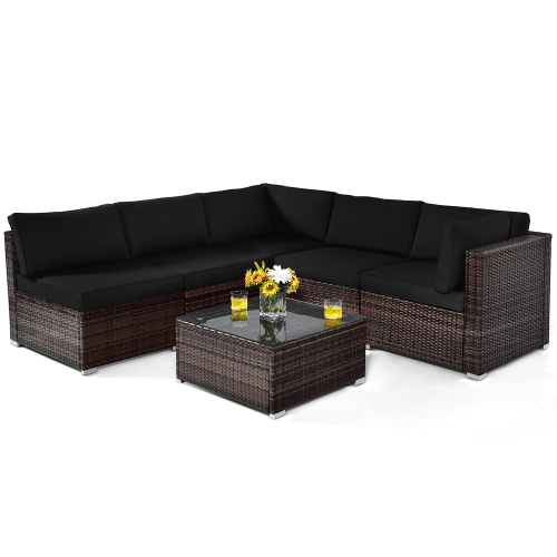 Costway 6PCS Patio Rattan Furniture Set Cushioned Sofa Coffee Table Garden