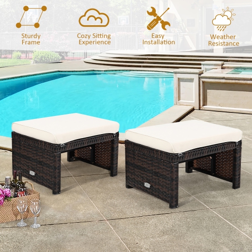Costway 2PCS Patio Rattan Ottoman Cushioned Seat Foot Rest Furniture