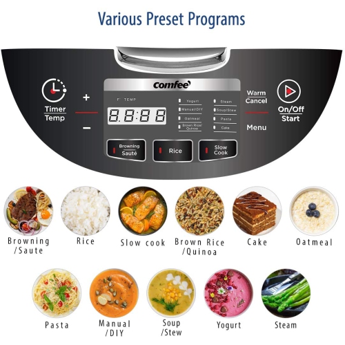 COMFEE' 10-Cup Fuzzy Logic Rice Cooker with 11 Presets, Auto Keep Warm, and 24-Hour Delay Timer, Multi-Function Asian Style Cooker
