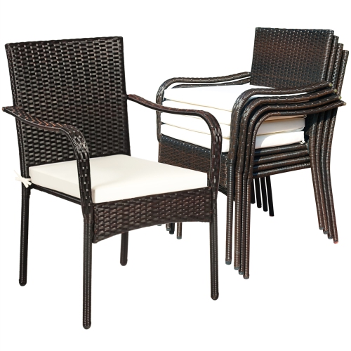 COSTWAY  Set Of 4 Patio Rattan Dining Chair Stackable Cushioned Armrest Garden