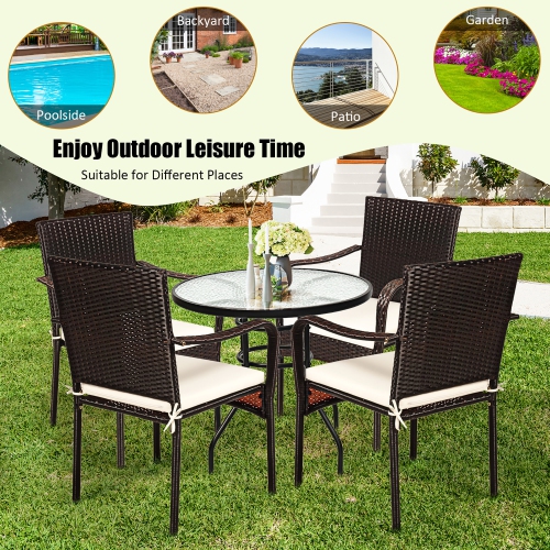 Costway Set of 4 Patio Rattan Dining Chair Stackable Cushioned Armrest Garden