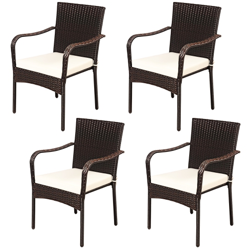 Costway Set of 4 Patio Rattan Dining Chair Stackable Cushioned Armrest Garden
