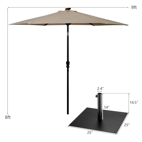 Costway 9ft Market Patio Umbrella w/Solar Lights & 40 LBS Steel Umbrella Stand