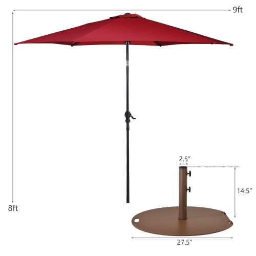 Costway 9ft Patio Umbrella Outdoor W/ 50 LBS Round Umbrella Stand W/ Wheels