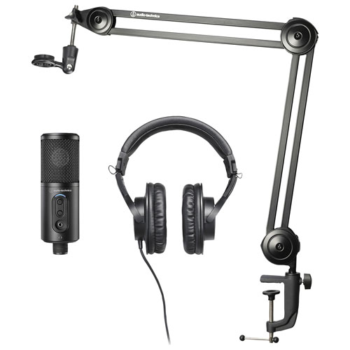 Audio-Technica USB/XLR Cardioid Condenser Microphone with Monitor Headphones, Boom Arm, & Tripod