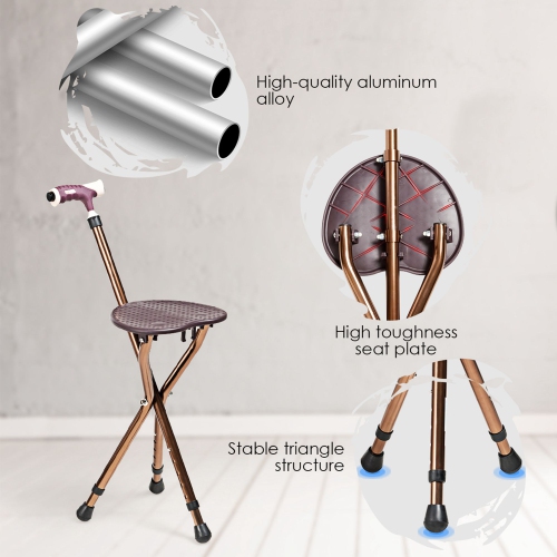 Costway Lightweight Adjustable Folding Cane Seat Aluminum Alloy Crutch Chair With Light
