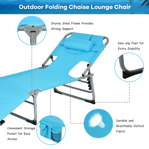 Costway Outdoor Beach Lounge Chair Folding Chaise Lounge with Pillow