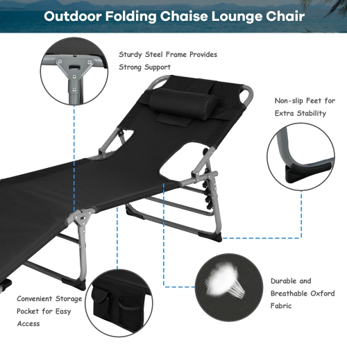 Costway Outdoor Beach Lounge Chair Folding Chaise Lounge with Pillow