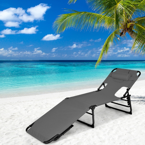 COSTWAY  Outdoor Beach Lounge Chair Folding Chaise Lounge With Pillow