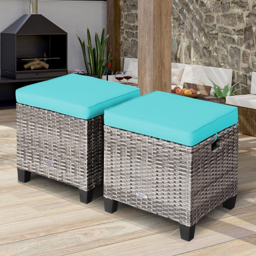 Costway 2PCS Patio Rattan Cushioned Ottoman Seat Foot Rest TableTurquoise