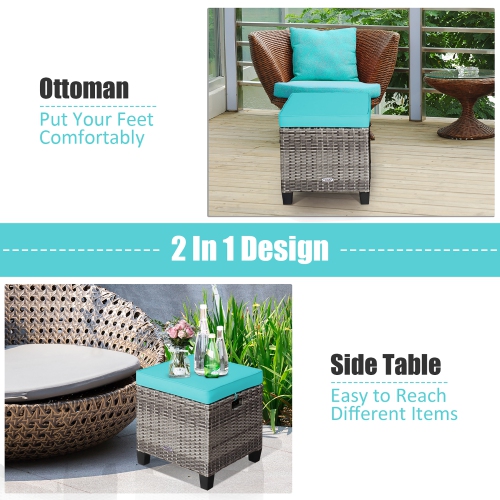 Costway 2PCS Patio Rattan Cushioned Ottoman Seat Foot Rest TableTurquoise