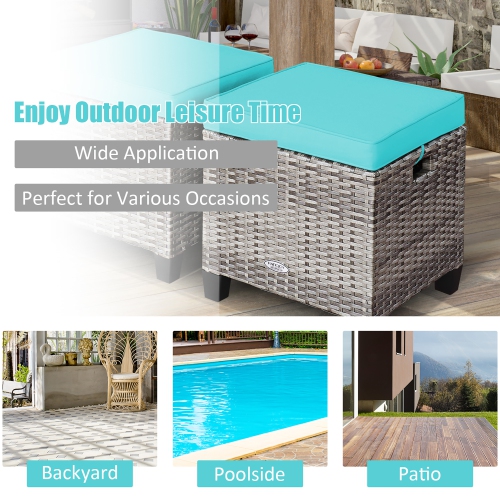 Costway 2PCS Patio Rattan Cushioned Ottoman Seat Foot Rest TableTurquoise