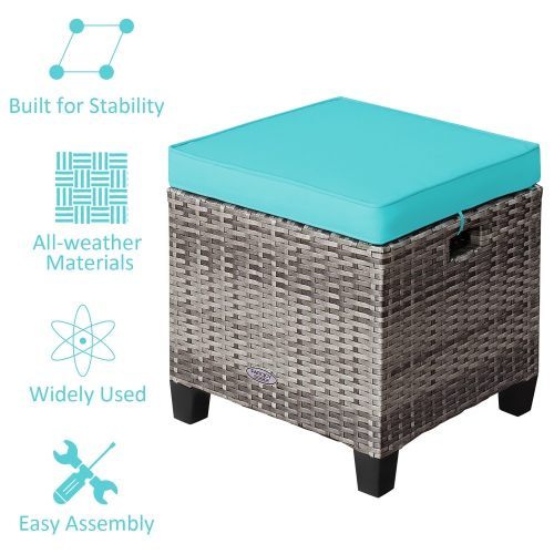 Costway 2PCS Patio Rattan Cushioned Ottoman Seat Foot Rest TableTurquoise