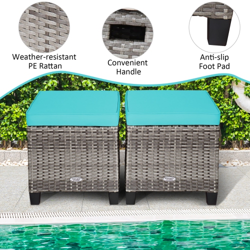 Costway 2PCS Patio Rattan Cushioned Ottoman Seat Foot Rest TableTurquoise