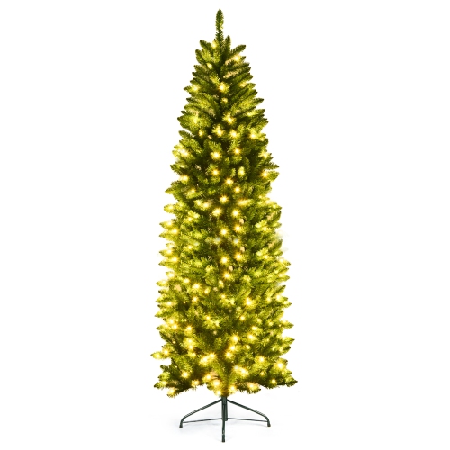 COSTWAY  7Ft Pre-Lit Artificial Pencil Christmas Tree Hinged Fir Pvc Tree /350 Led Lights