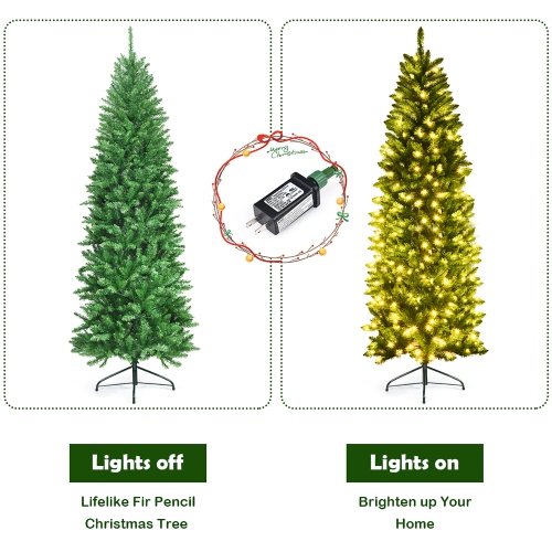 Costway 7Ft Pre-lit Artificial Pencil Christmas Tree Hinged Fir PVC Tree /350 LED Lights