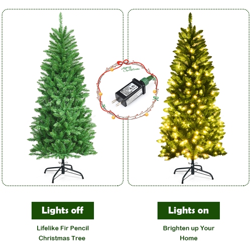 Costway 5Ft Pre-lit Artificial Pencil Christmas Tree Hinged Fir PVC Tree /150 LED Lights