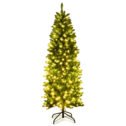 COSTWAY  6Ft Pre-Lit Artificial Pencil Christmas Tree Hinged Fir Pvc Tree /250 Led Lights