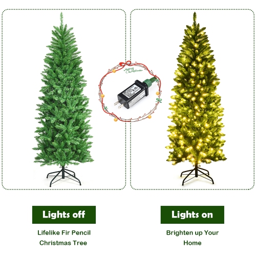 Costway 6Ft Pre-lit Artificial Pencil Christmas Tree Hinged Fir PVC Tree /250 LED Lights