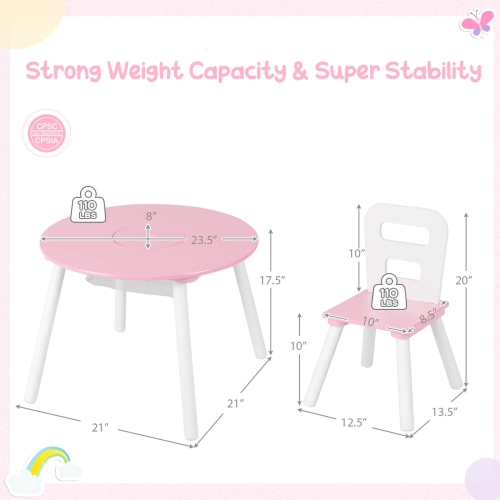Costway Kids Wooden Round Table & 2 Chair Set w/ Center Mesh Storage