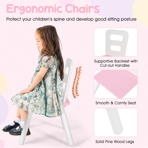 Costway Kids Wooden Round Table & 2 Chair Set w/ Center Mesh Storage